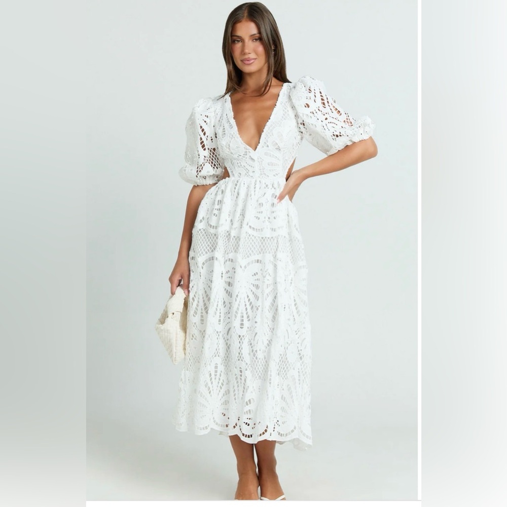 Showpo White Eyelet Lace Puff Sleeve Maxi Dress